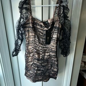 DO+BE Black and Brown Polka Dot Ruched Blouse